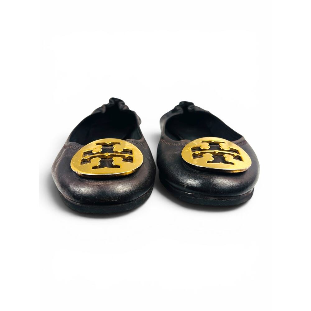 Tory Burch Minnie Travel Ballet Flats Brown Leather Gold Logo Medallion Size 6.5 - Picture 3 of 9